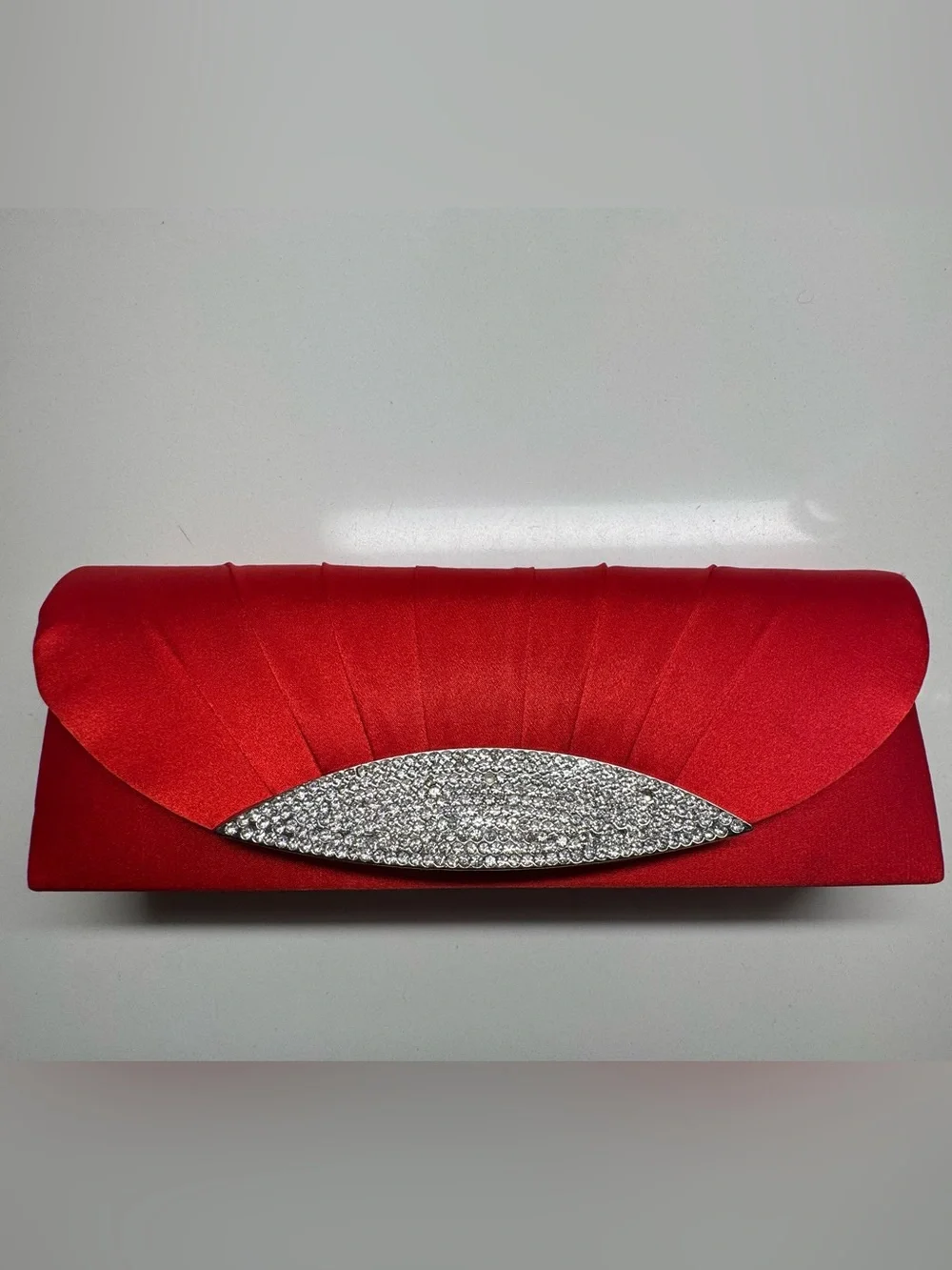 Elegant Red Satin Formal Clutch Purse Sparkling Crystal Accent